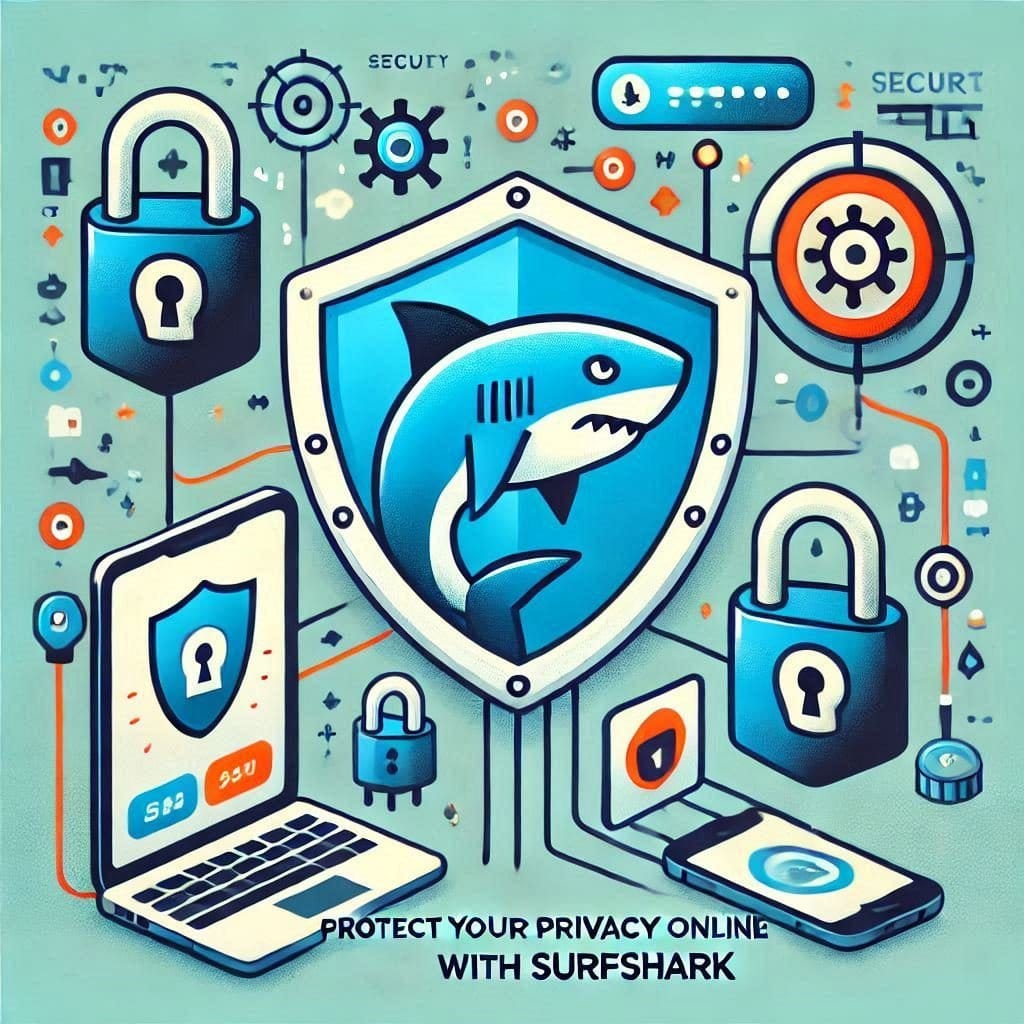 Una imagen que represente los beneficios de usar Surfshark para proteger la privacidad en línea, incluyendo un escudo de seguridad, un candado, dispositivos conectados, el logo de Surfshark y un mensaje que diga Protege tu privacidad en línea con Surfshark